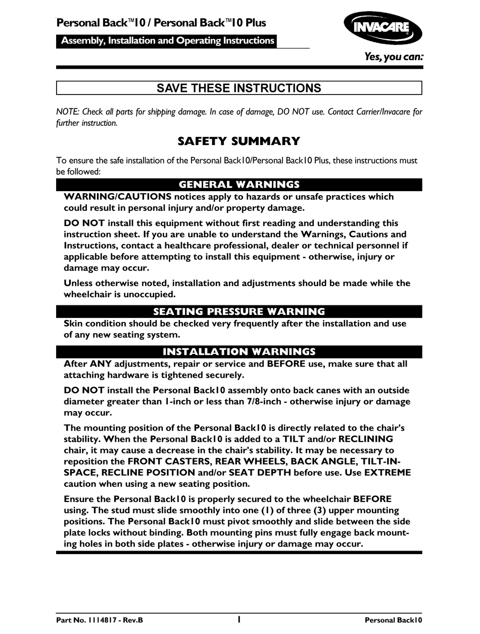 INVACARE PERSONAL BACK 10 INSTRUCTIONS MANUAL Pdf Download ManualsLib