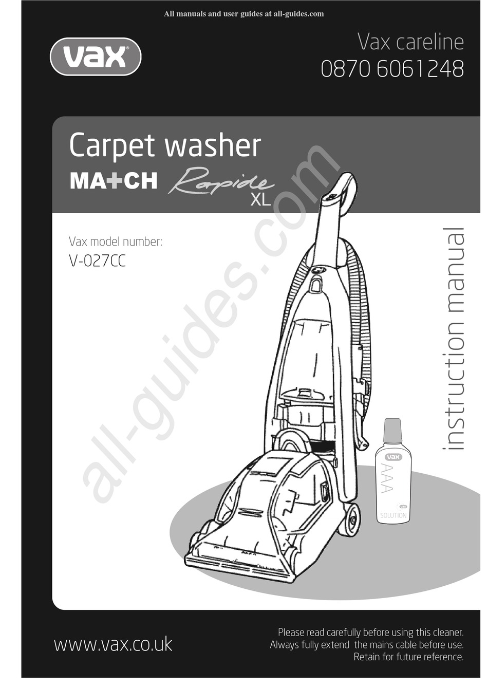VAX RAPIDE MATCH XL V027CC INSTRUCTION MANUAL Pdf Download ManualsLib