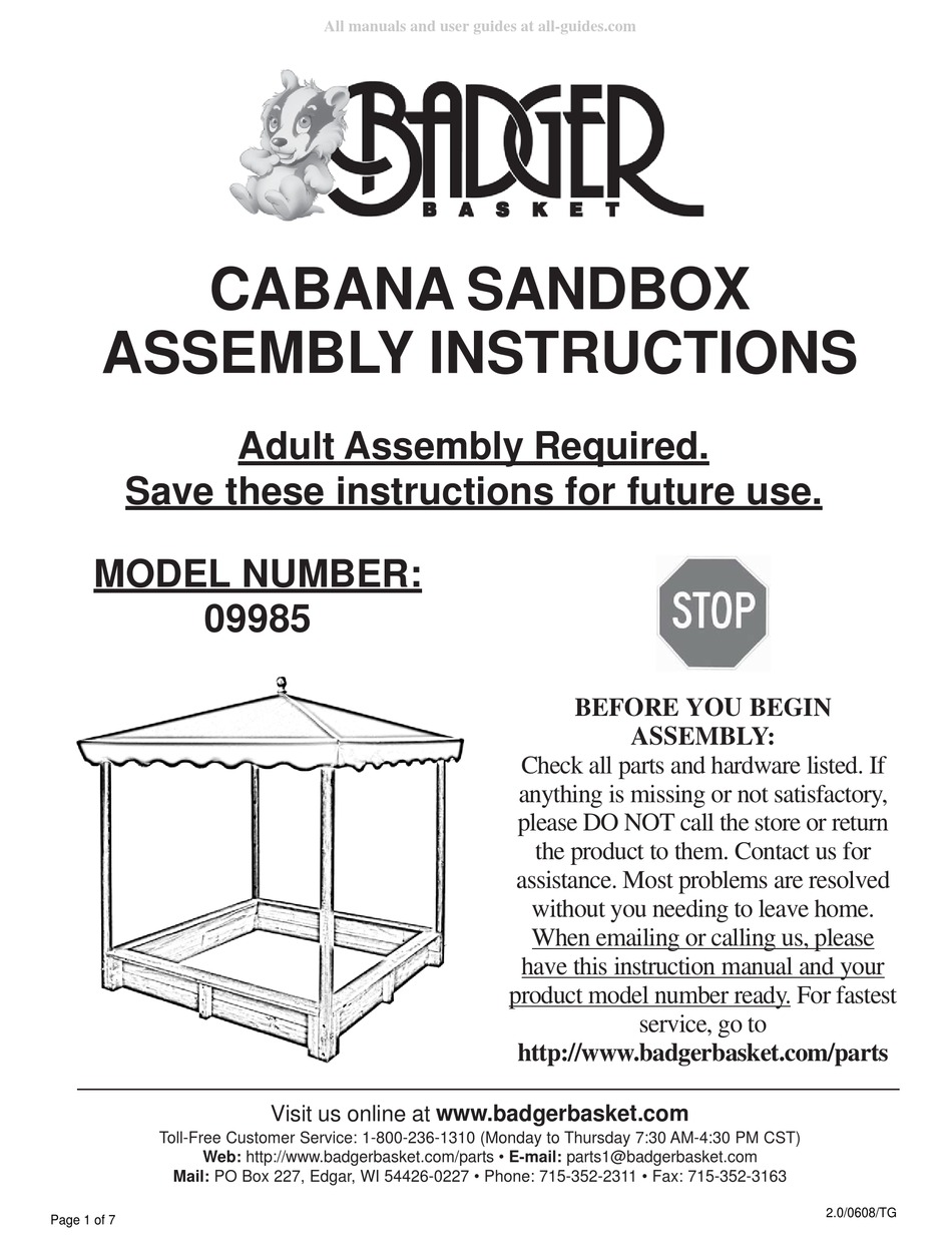 BADGER BASKET CABANA ASSEMBLY INSTRUCTIONS MANUAL Pdf Download ManualsLib