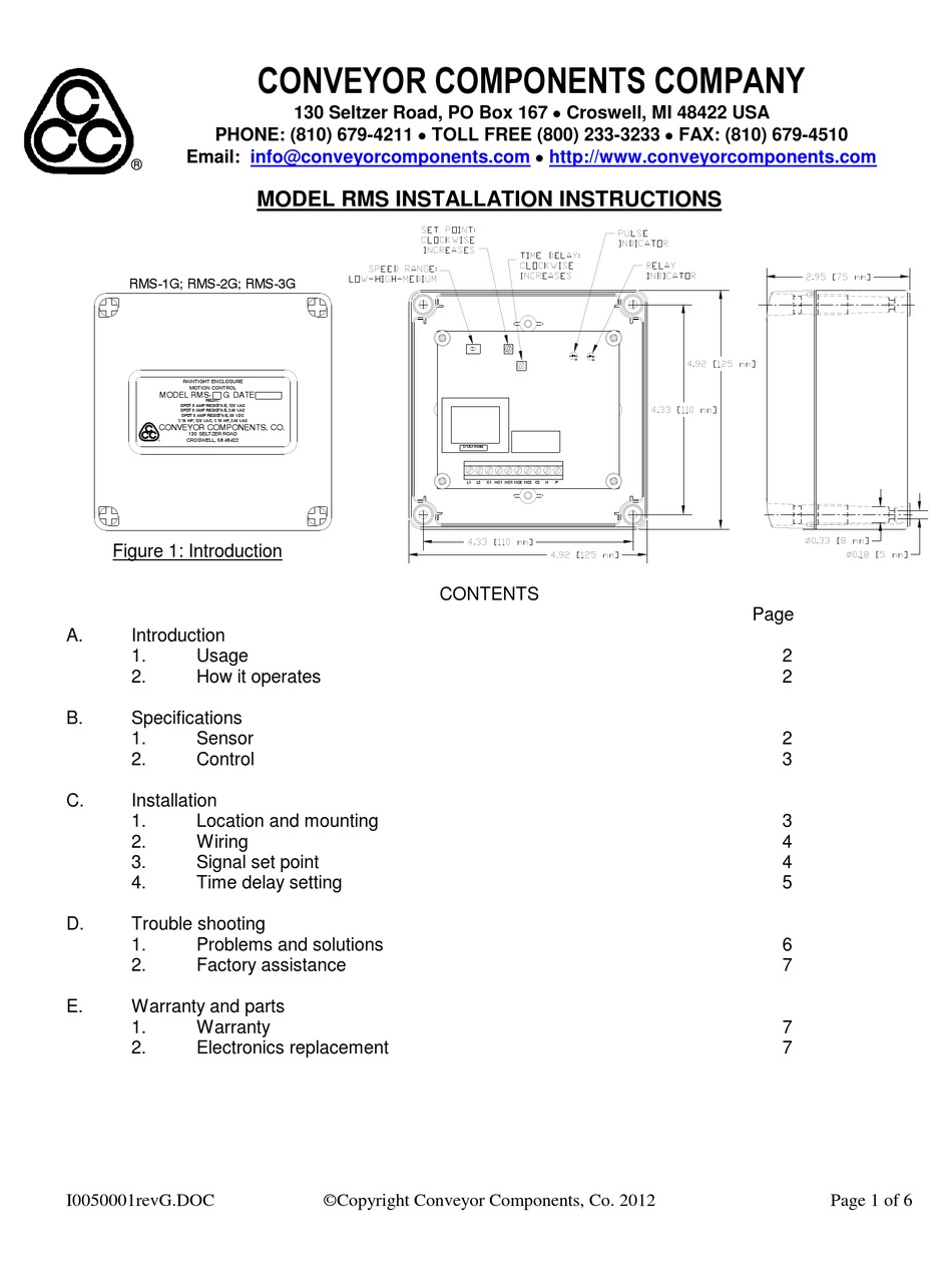 CONVEYOR COMPONENTS COMPANY RMS8S INSTALLATION INSTRUCTIONS MANUAL Pdf