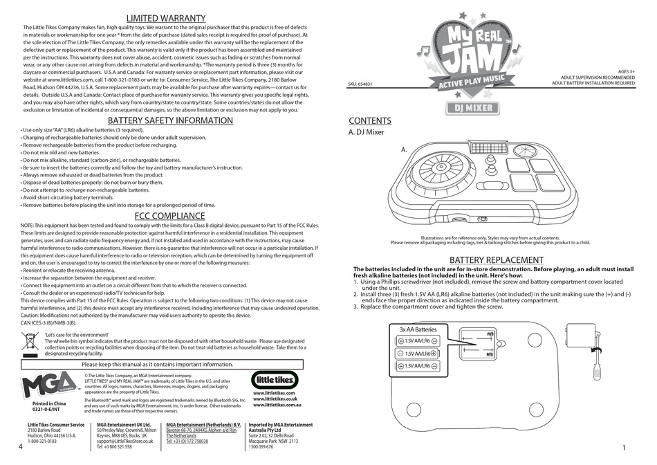 MGA ENTERTAINMENT LITTLE TIKES MY REAL JAM DJ MIXER INSTRUCTION MANUAL