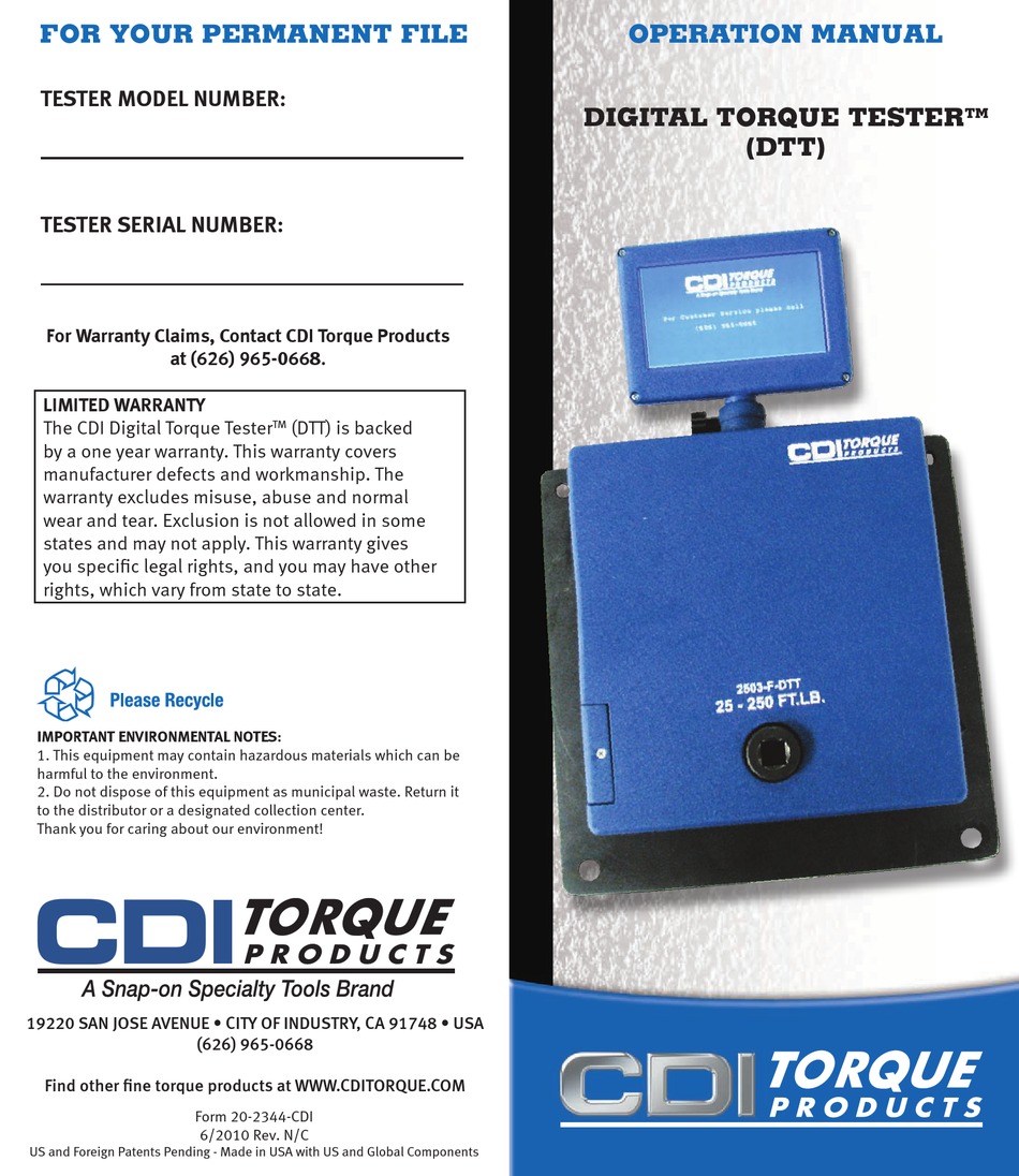 CDI DIGITAL TORQUE TESTER DTT OPERATION MANUAL Pdf Download ManualsLib
