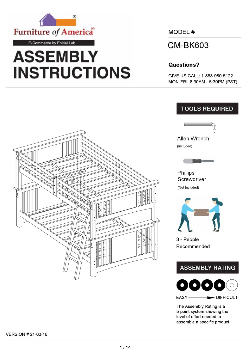 FURNITURE OF AMERICA CM-BK603 ASSEMBLY INSTRUCTIONS MANUAL Pdf Download ...