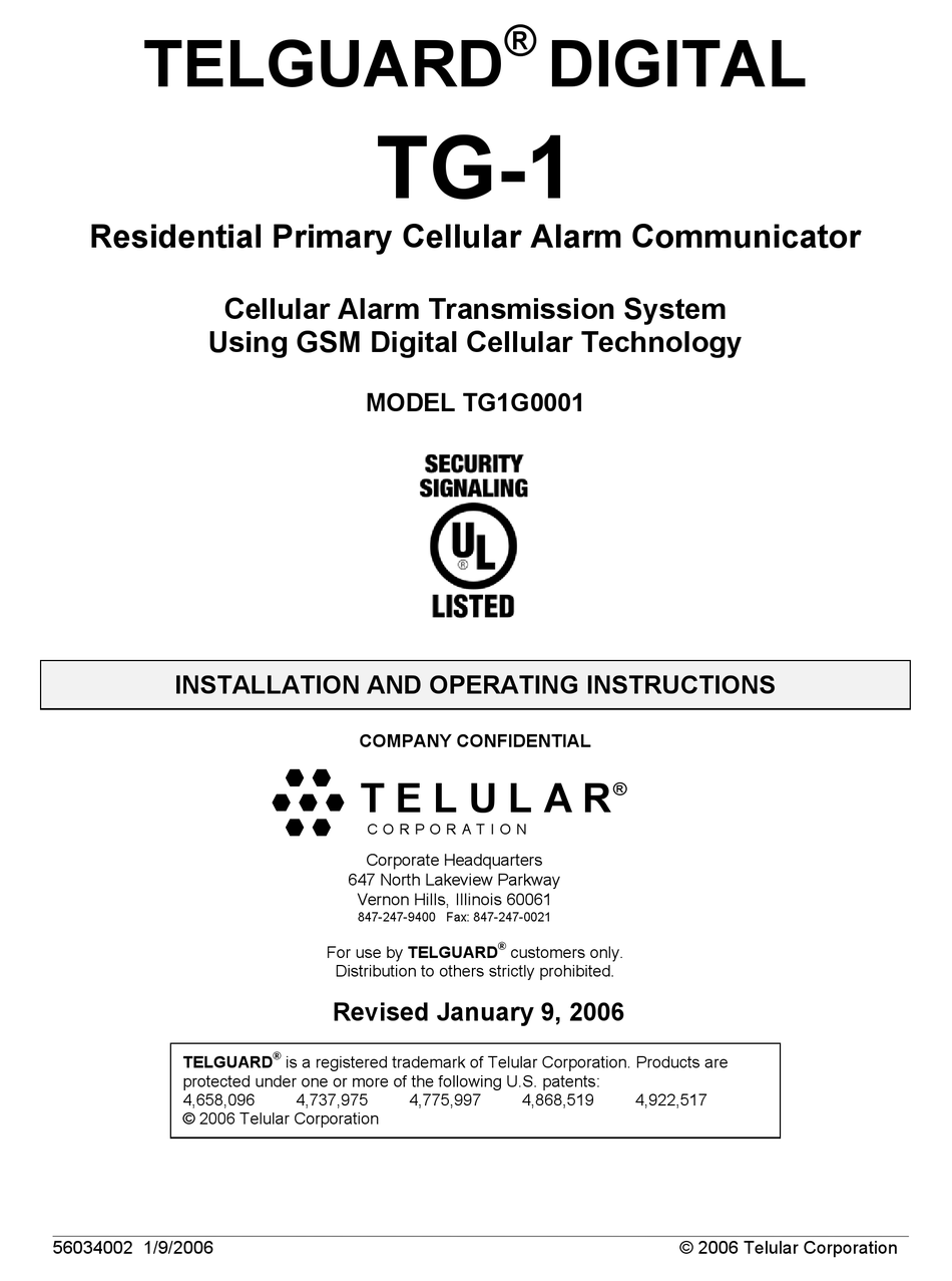 TELULAR TELGUARD DIGITAL TG1 INSTALLATION AND OPERATING INSTRUCTIONS