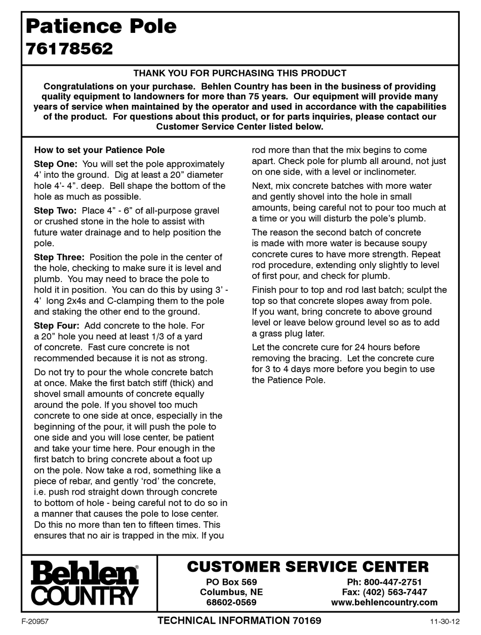 BEHLEN COUNTRY PATIENCE POLE TECHNICAL INFORMATION Pdf Download
