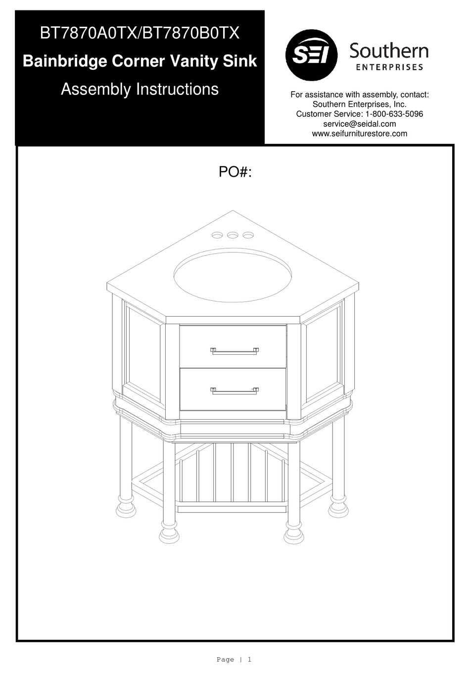 SOUTHERN ENTERPRISES BAINBRIDGE BT7870A0TX ASSEMBLY INSTRUCTIONS MANUAL