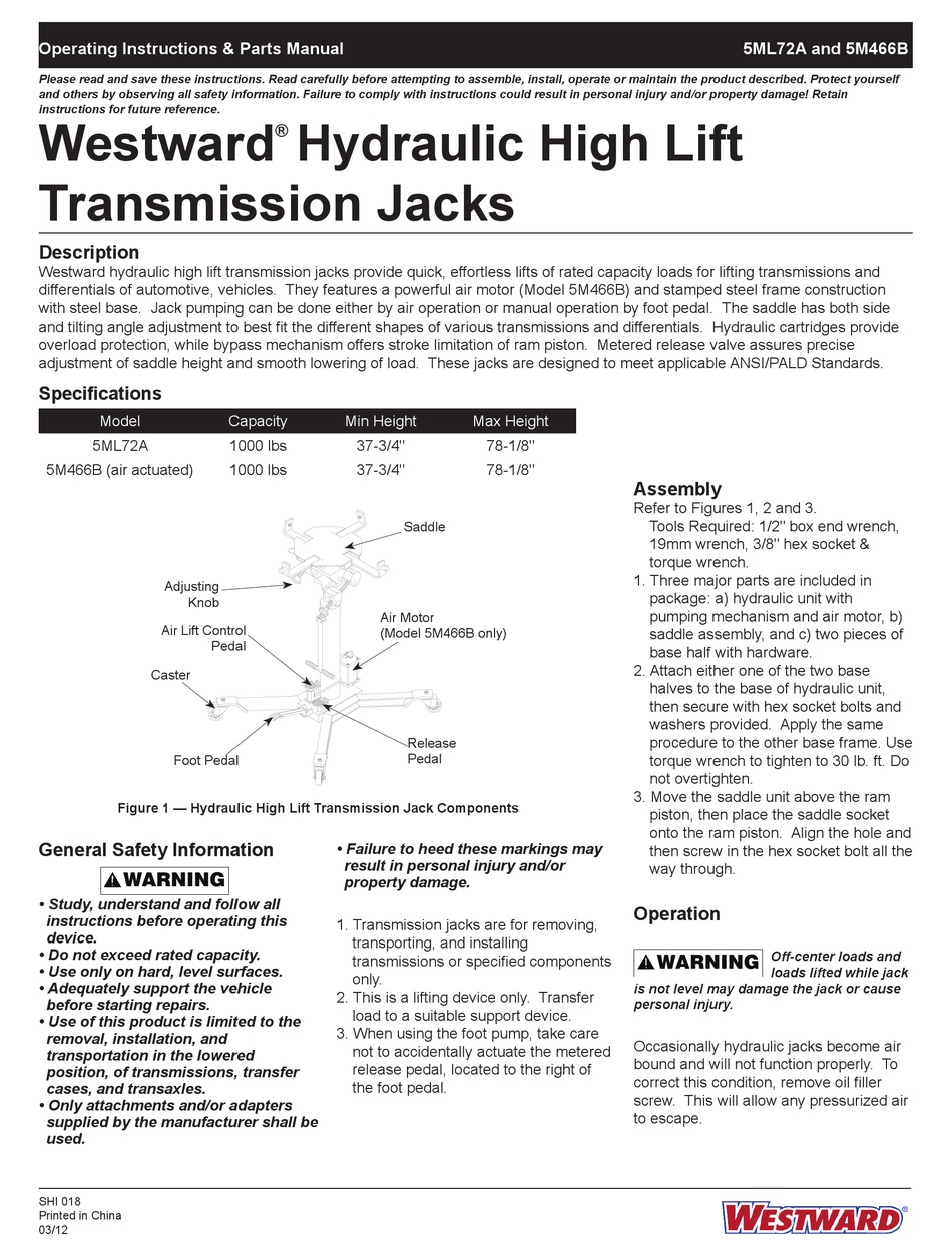 WESTWARD 5ML72A OPERATING INSTRUCTIONS & PARTS MANUAL Pdf Download