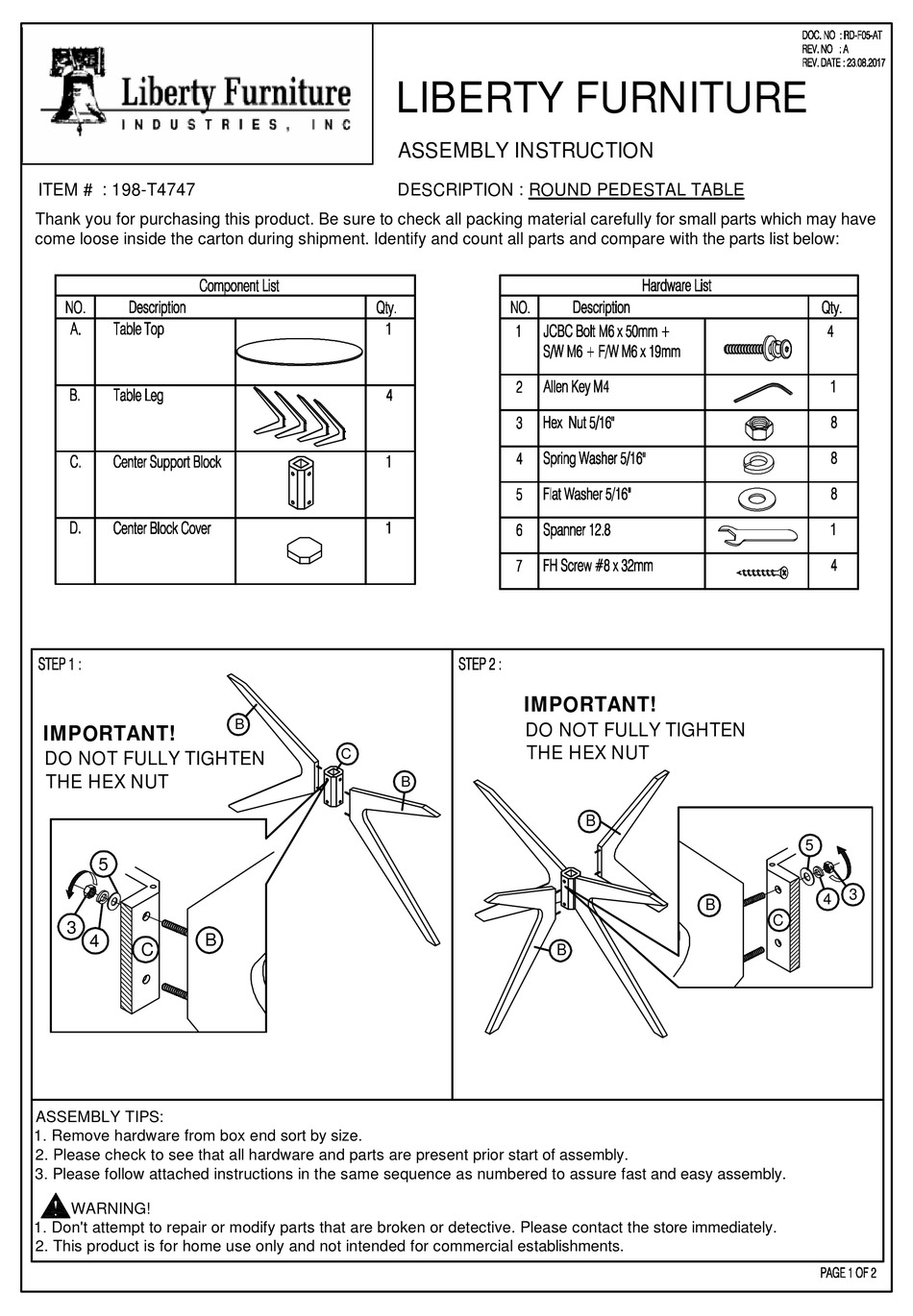 LIBERTY FURNITURE ROUND PEDESTAL TABLE 198T4747 ASSEMBLY INSTRUCTION