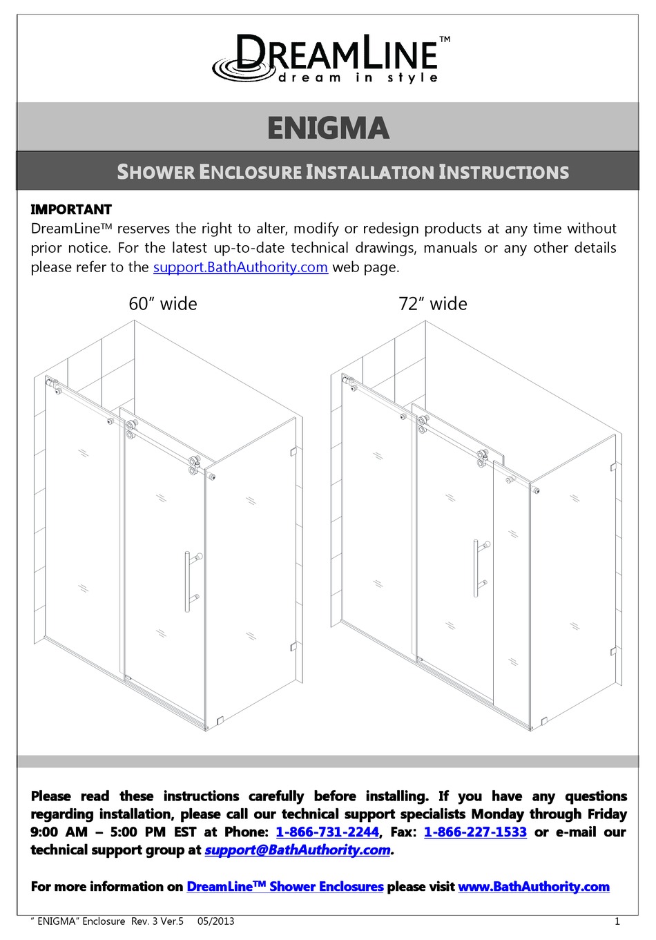 DREAMLINE ENIGMA 60" WIDE INSTALLATION INSTRUCTIONS MANUAL Pdf Download