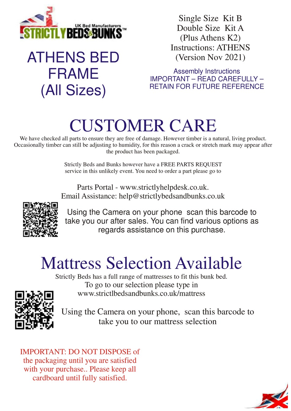 STRICTLY BEDS & BUNKS ATHENS BED FRAME ASSEMBLY INSTRUCTIONS MANUAL Pdf