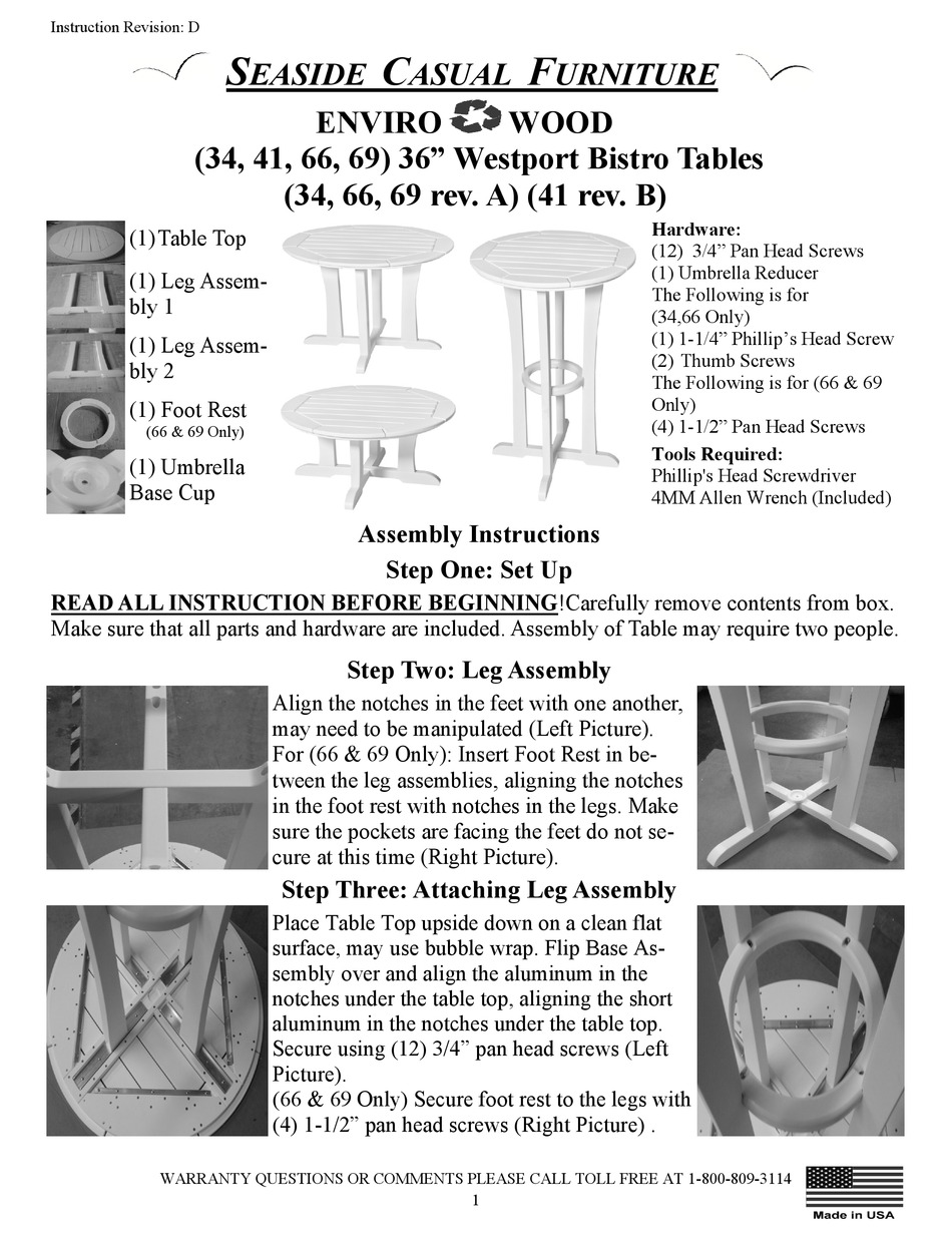 SEASIDE CASUAL FURNITURE ENVIRO WOOD WESTPORT BISTRO TABLES QUICK START