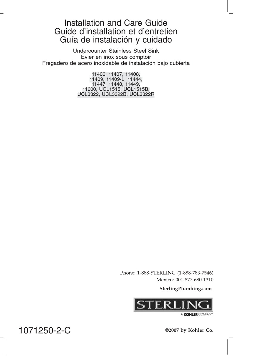 KOHLER STERLING 11406 INSTALLATION AND CARE MANUAL Pdf Download