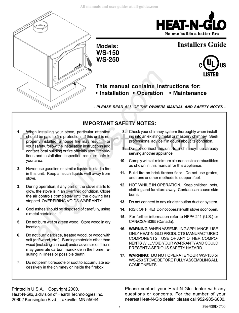 HEATNGLO WS150 INSTALLER'S MANUAL Pdf Download ManualsLib