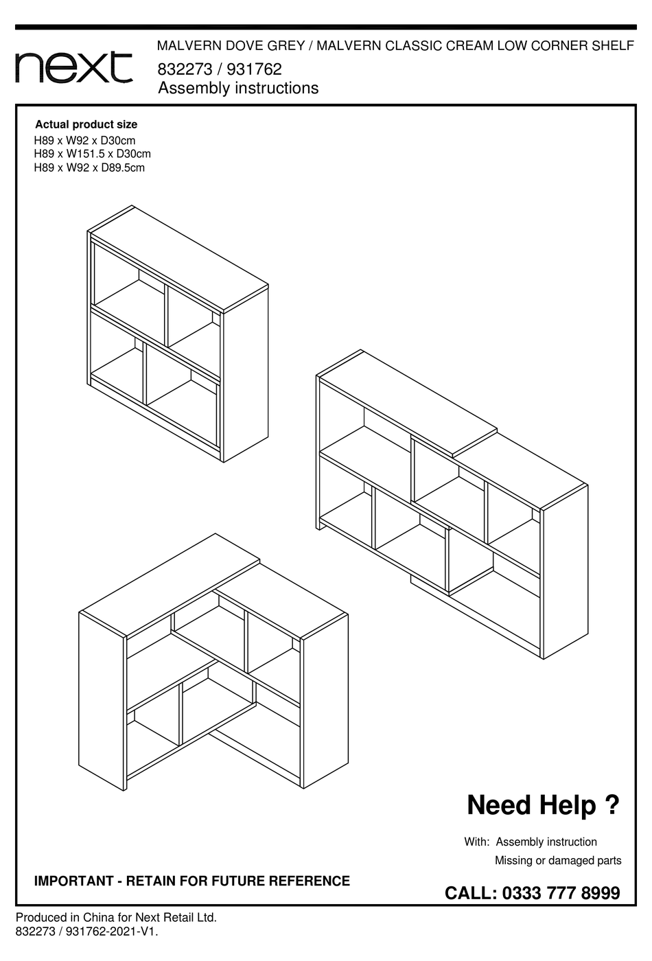 NEXT MALVERN DOVE 832273 ASSEMBLY INSTRUCTIONS MANUAL Pdf Download
