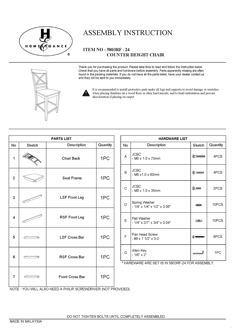 HOMELEGANCE 5803RF-24 ASSEMBLY INSTRUCTION Pdf Download | ManualsLib