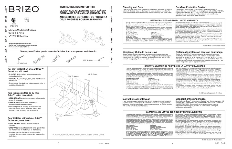 BRIZO VESI 6745 INSTALLATION INSTRUCTIONS Pdf Download ManualsLib