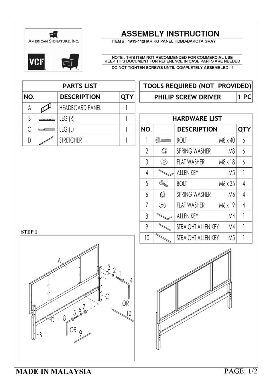 AMERICAN SIGNATURE 1913112HKR ASSEMBLY INSTRUCTION Pdf Download