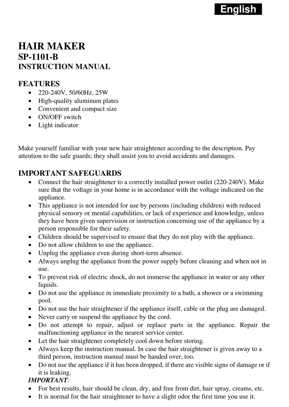 SAPIRHOME SP-1101-B INSTRUCTION MANUAL Pdf Download | ManualsLib