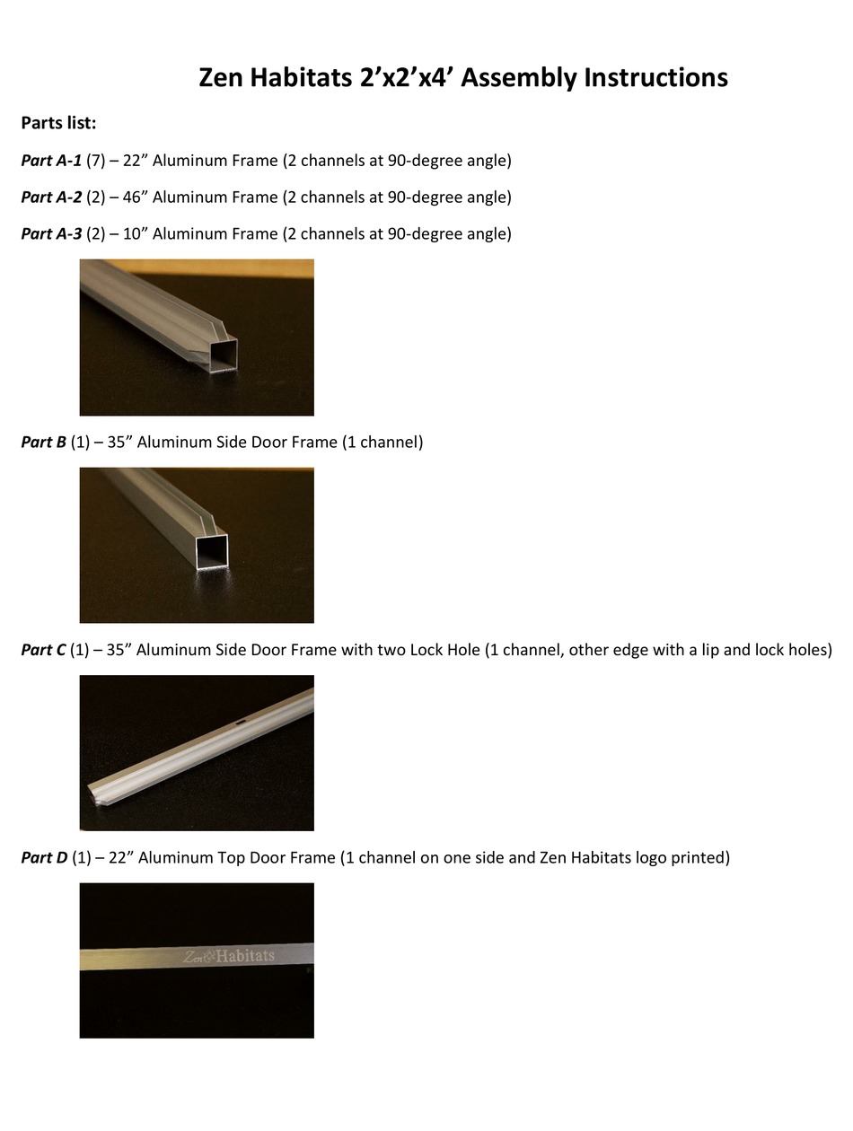 ZEN HABITATS 2'X2'X4' PVC PANEL REPTILE ENCLOSURE ASSEMBLY INSTRUCTIONS