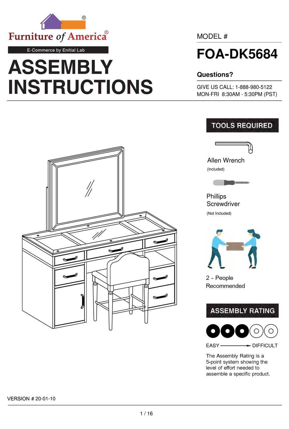 FURNITURE OF AMERICA FOADK5684 ASSEMBLY INSTRUCTIONS MANUAL Pdf