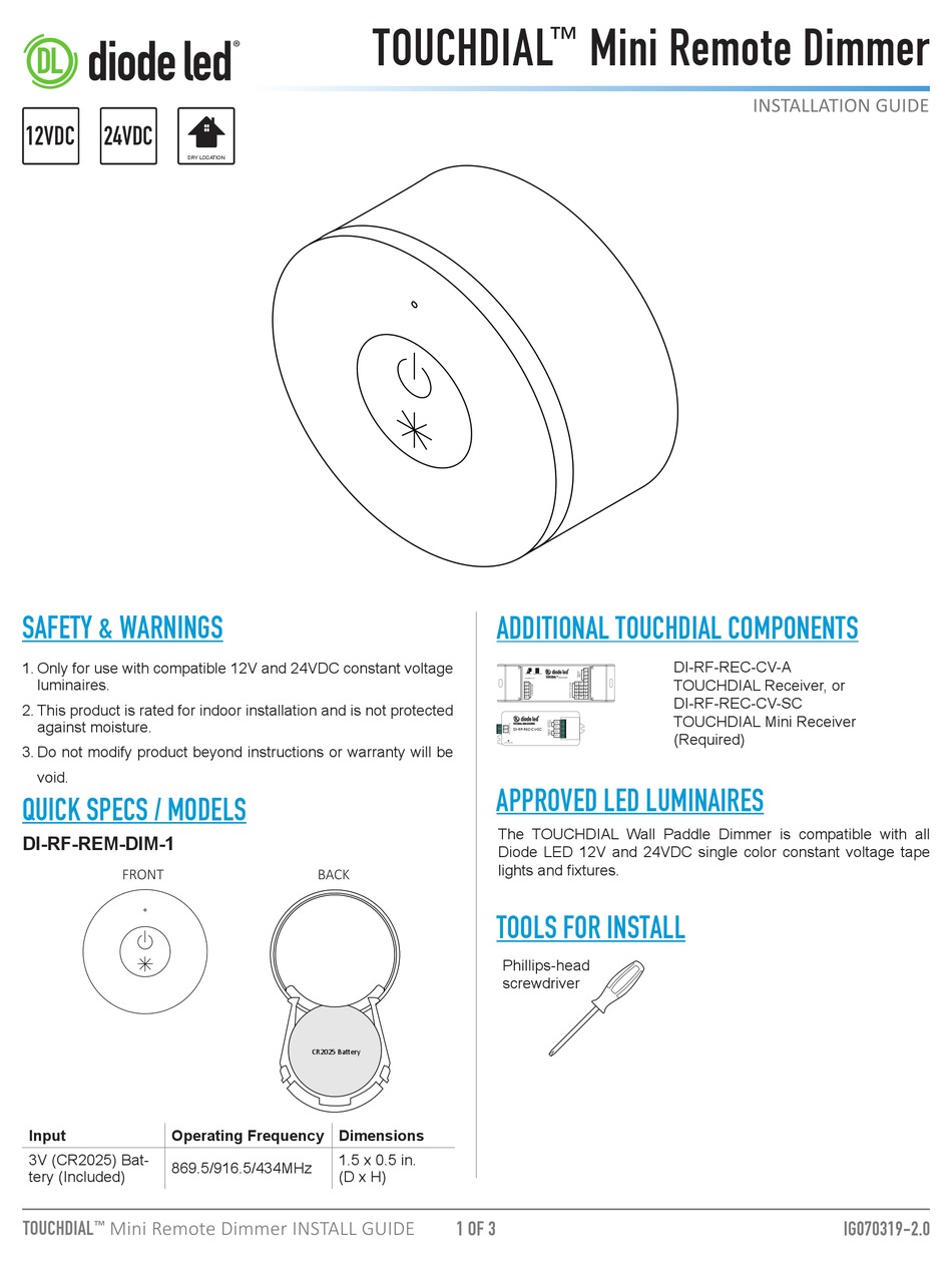DIODE LED TOUCHDIAL MINI INSTALLATION MANUAL Pdf Download ManualsLib