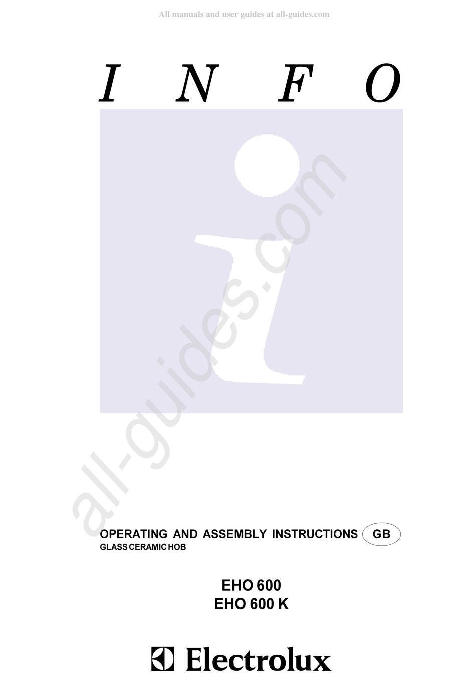 ELECTROLUX EHO 600 OPERATING AND ASSEMBLY INSTRUCTIONS MANUAL Pdf