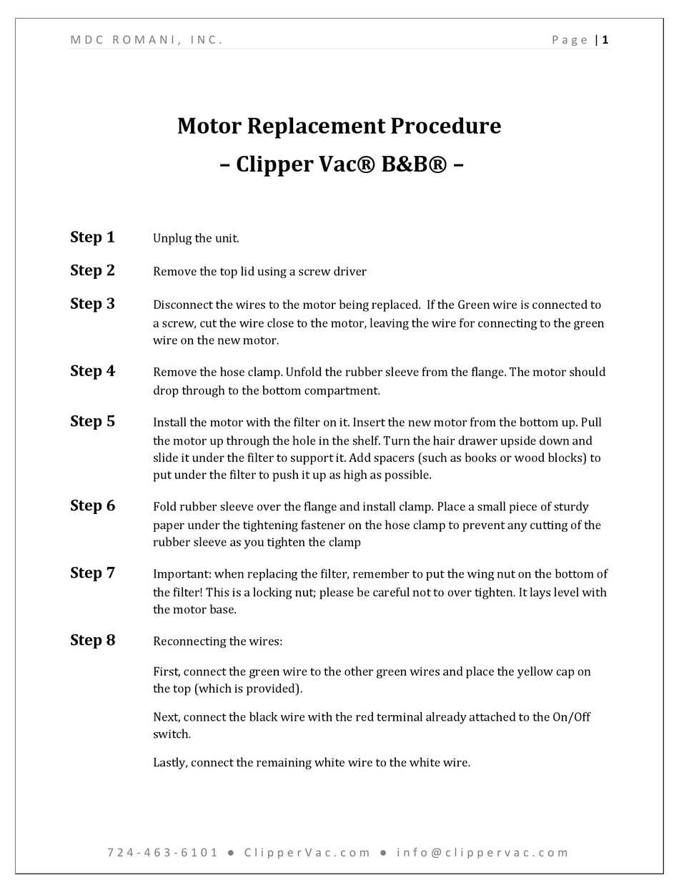 MDC ROMANI CLIPPER VAC B&B MOTOR REPLACEMENT PROCEDURE Pdf Download ...