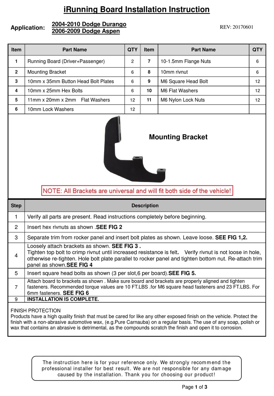 APS AUTO PARTS SPECIALIST IRUNNING BOARD INSTALLATION INSTRUCTION Pdf