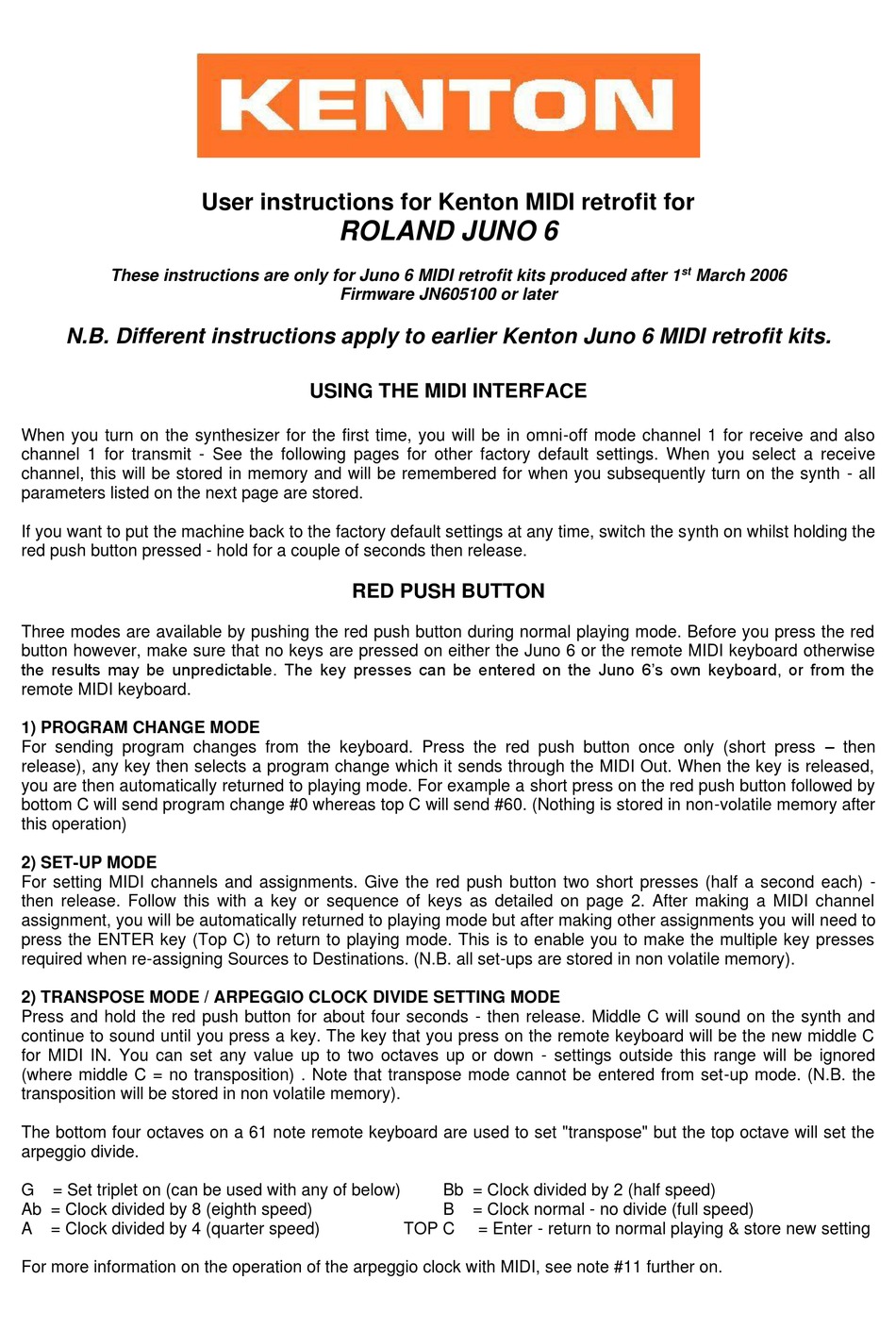 KENTON ROLAND JUNO 6 USER INSTRUCTIONS Pdf Download ManualsLib