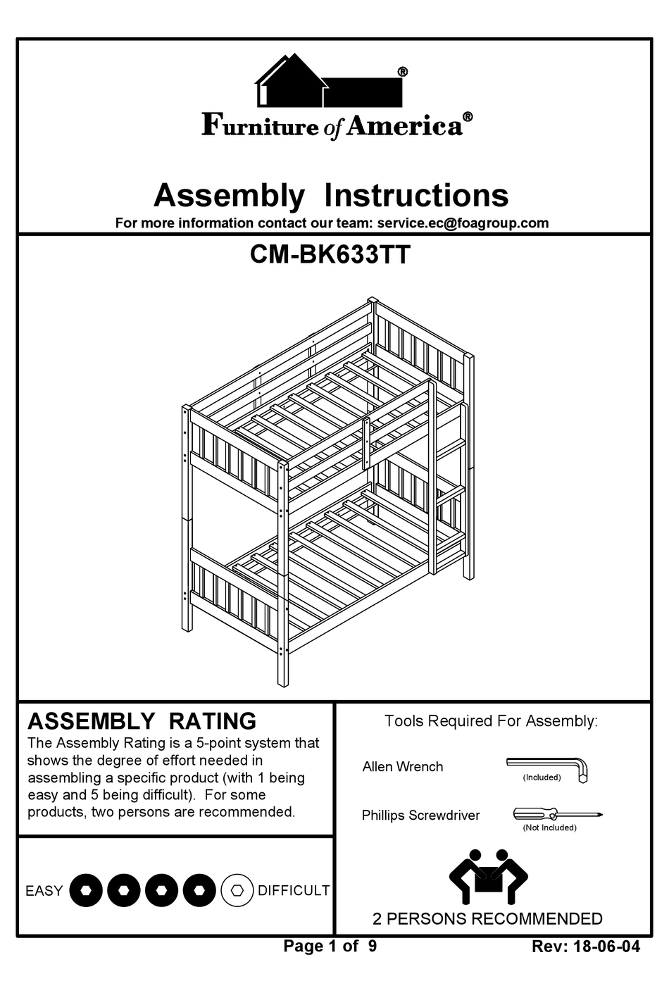 FURNITURE OF AMERICA CM-BK633TT ASSEMBLY INSTRUCTIONS MANUAL Pdf ...