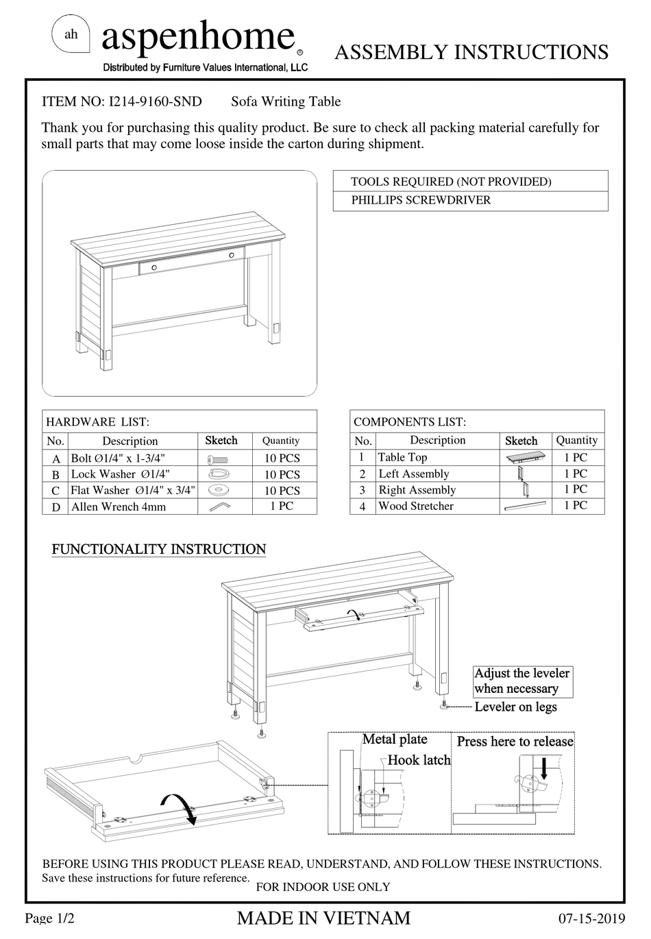 ASPENHOME I2149160SND ASSEMBLY INSTRUCTIONS Pdf Download ManualsLib
