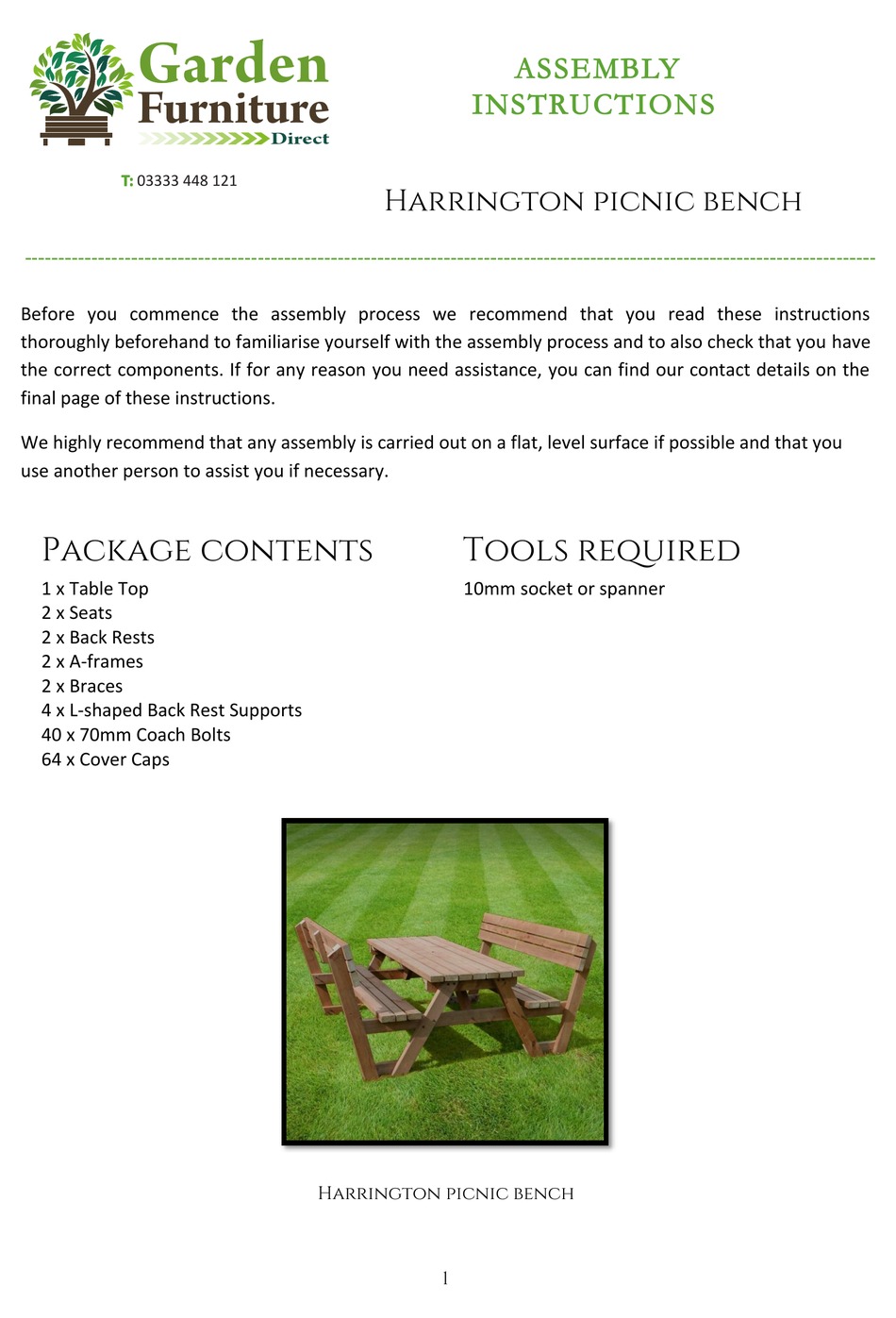 GARDEN FURNITURE DIRECT HARRINGTON PICNIC BENCH ASSEMBLY INSTRUCTIONS