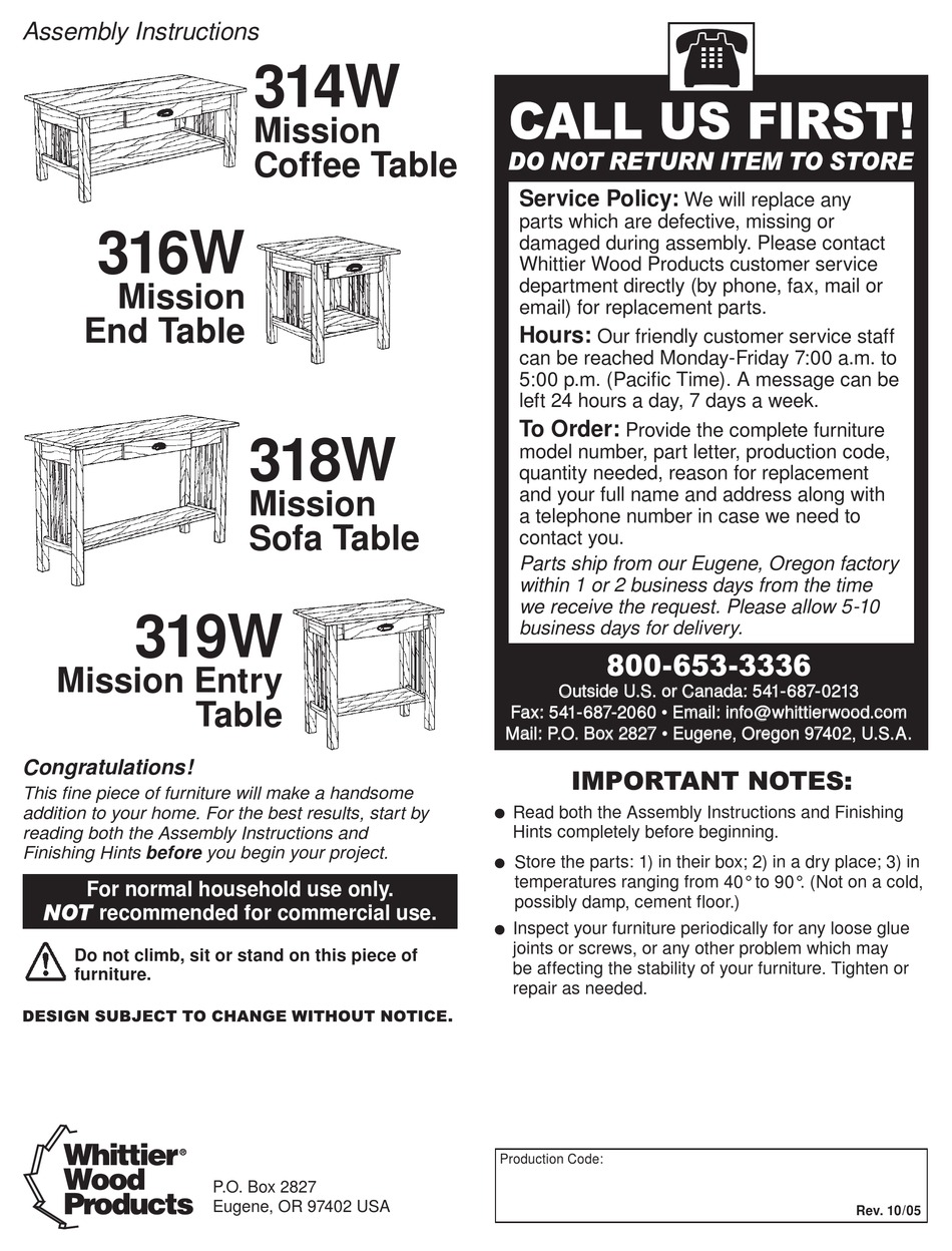 WHITTIER WOOD PRODUCTS 314W ASSEMBLY INSTRUCTIONS MANUAL Pdf Download