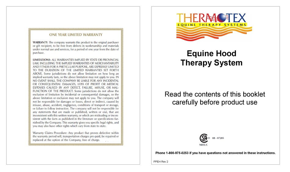 THERMOTEX EQUINE HOOD THERAPY SYSTEM QUICK START MANUAL Pdf Download