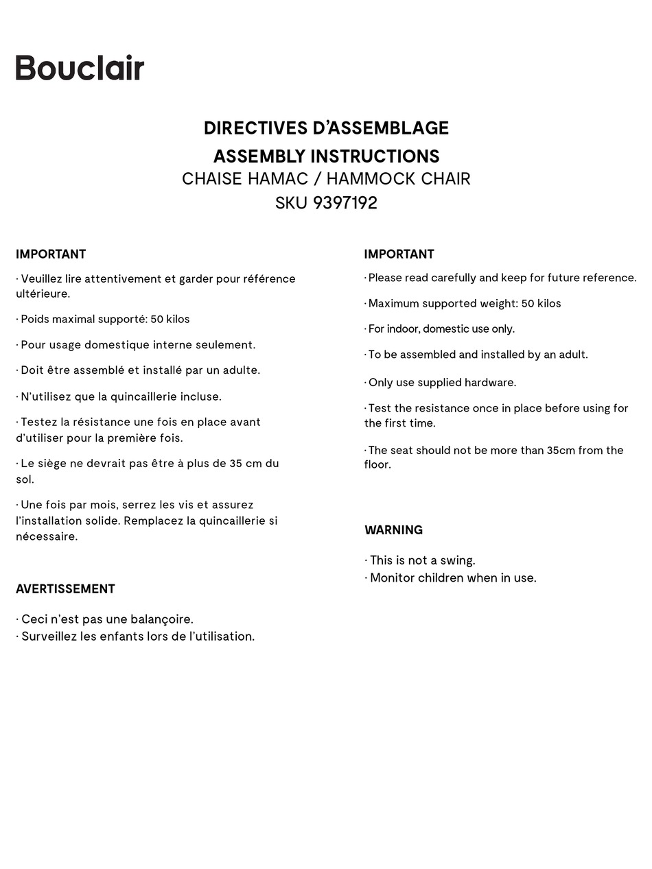BOUCLAIR 9397192 ASSEMBLY INSTRUCTIONS Pdf Download ManualsLib