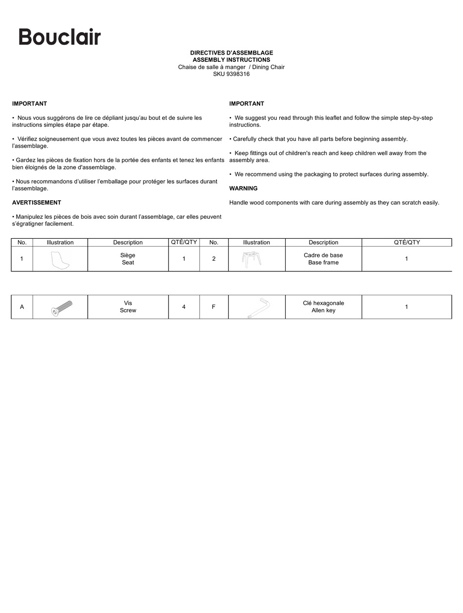 BOUCLAIR 9398316 ASSEMBLY INSTRUCTIONS Pdf Download ManualsLib
