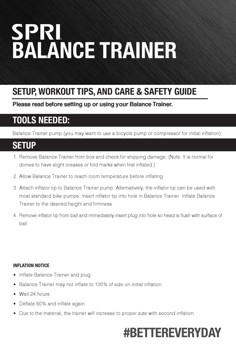 SPRI BALANCE TRAINER SETUP, WORKOUT TIPS AND CARE & SAFETY MANUAL Pdf