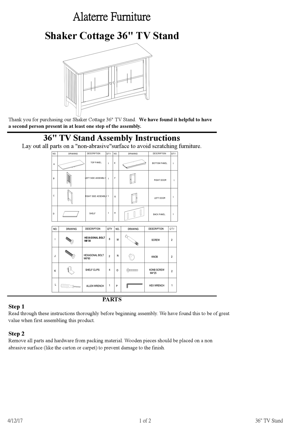 ALATERRE FURNITURE SHAKER COTTAGE ASSEMBLY INSTRUCTIONS Pdf Download