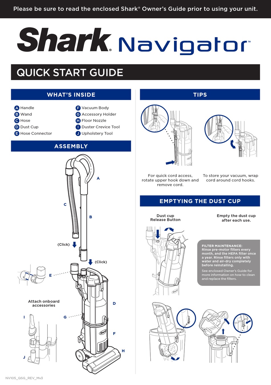 SHARK NAVIGATOR NV105 QUICK START MANUAL Pdf Download ManualsLib