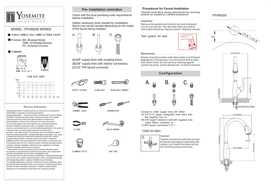 YOSEMITE HOME DECOR YPH56258 SERIES QUICK START MANUAL Pdf Download