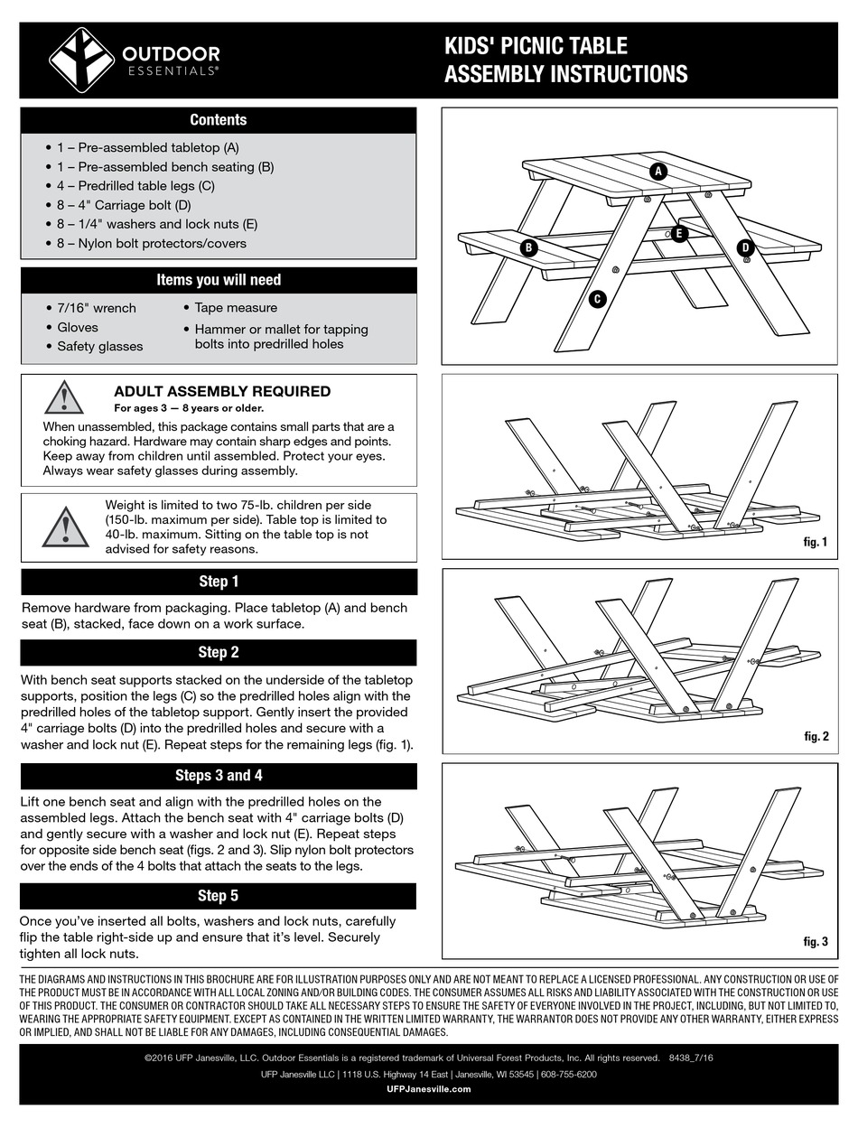 OUTDOOR ESSENTIALS KIDS' PICNIC TABLE ASSEMBLY INSTRUCTIONS Pdf