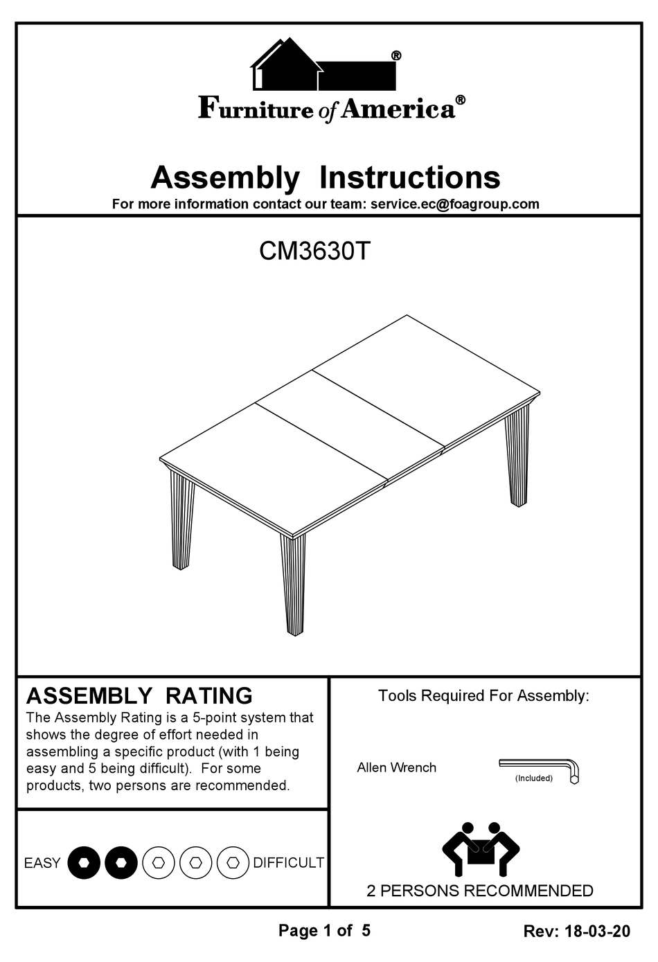 FURNITURE OF AMERICA CM3630T ASSEMBLY INSTRUCTIONS Pdf Download