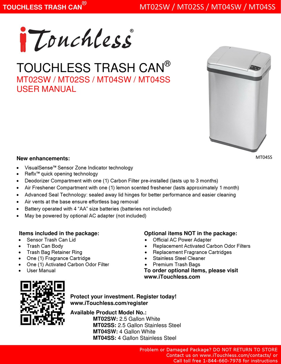 ITOUCHLESS TOUCHLESS TRASH CAN MT02SW USER MANUAL Pdf Download ManualsLib