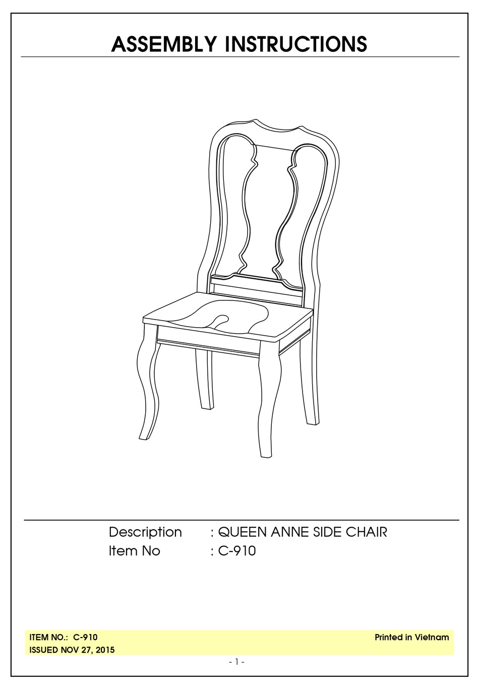 UNFINISHED FURNITURE OF WILMINGTON C910 ASSEMBLY INSTRUCTIONS Pdf