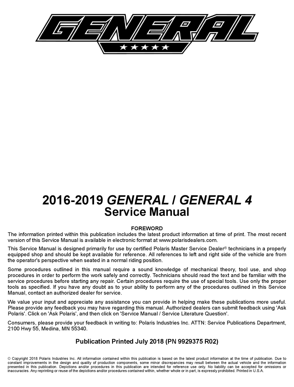 POLARIS GENERAL 2016 SERVICE MANUAL Pdf Download ManualsLib