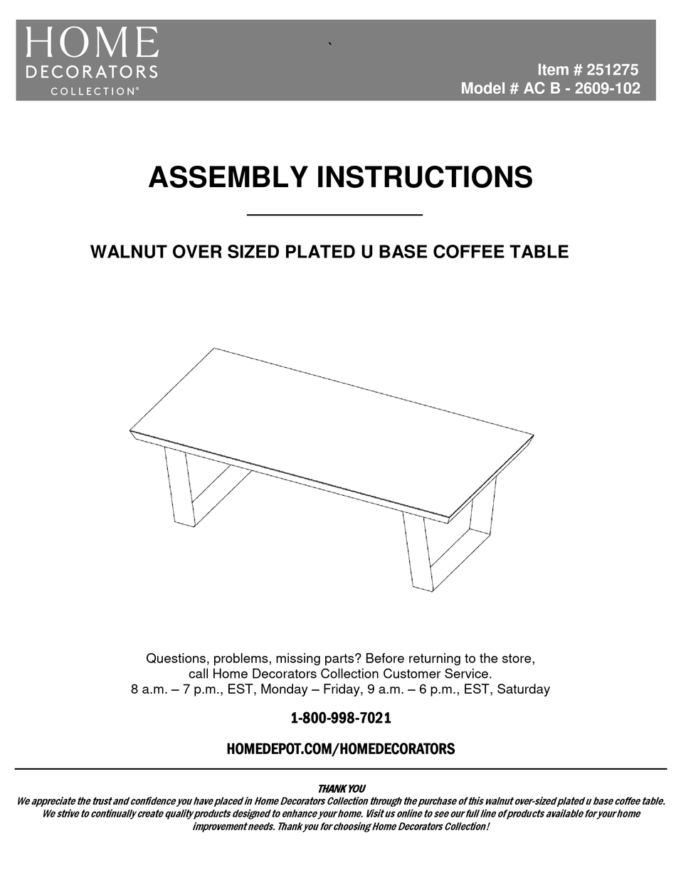 HOME DECORATORS COLLECTION AC B 2609102 ASSEMBLY INSTRUCTIONS MANUAL