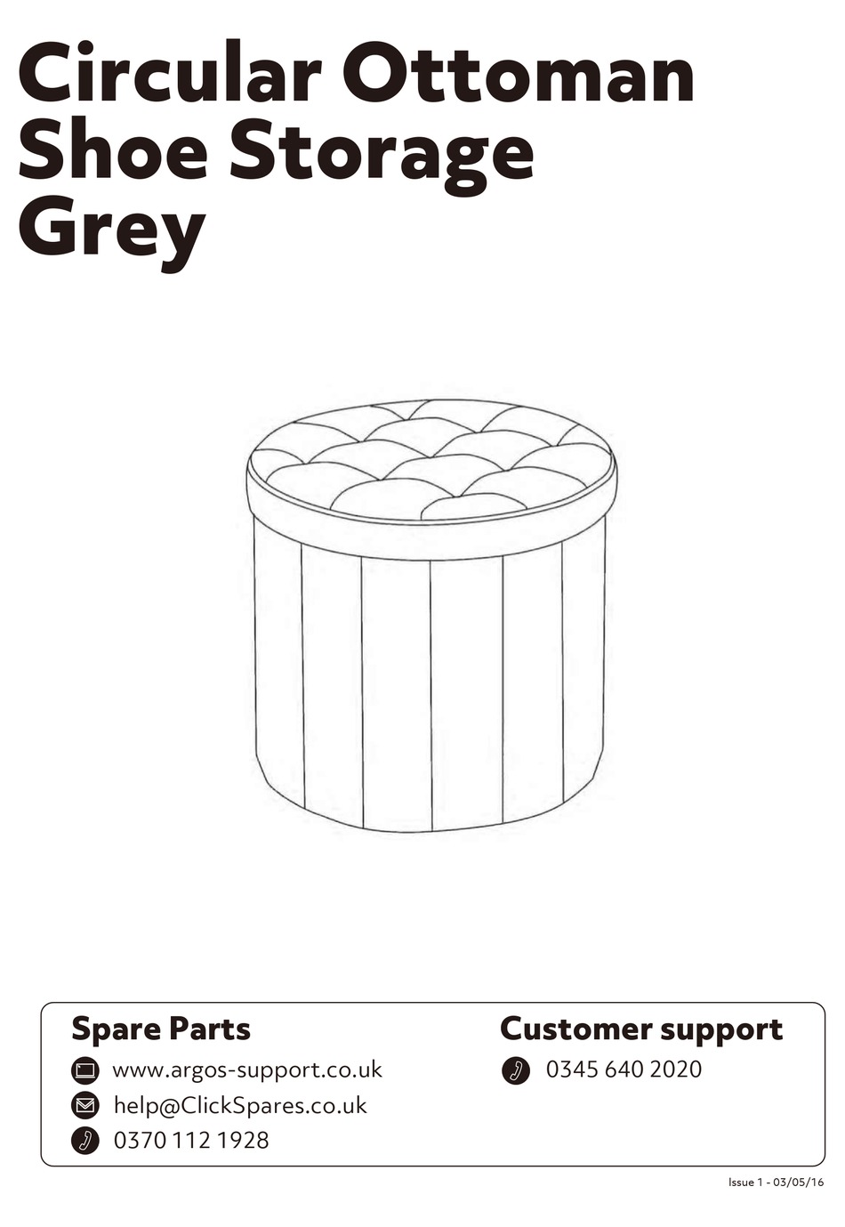 ARGOS HOME CIRCULAR OTTOMAN SHOE STORAGE GREY 691/0400 SAFETY AND CARE