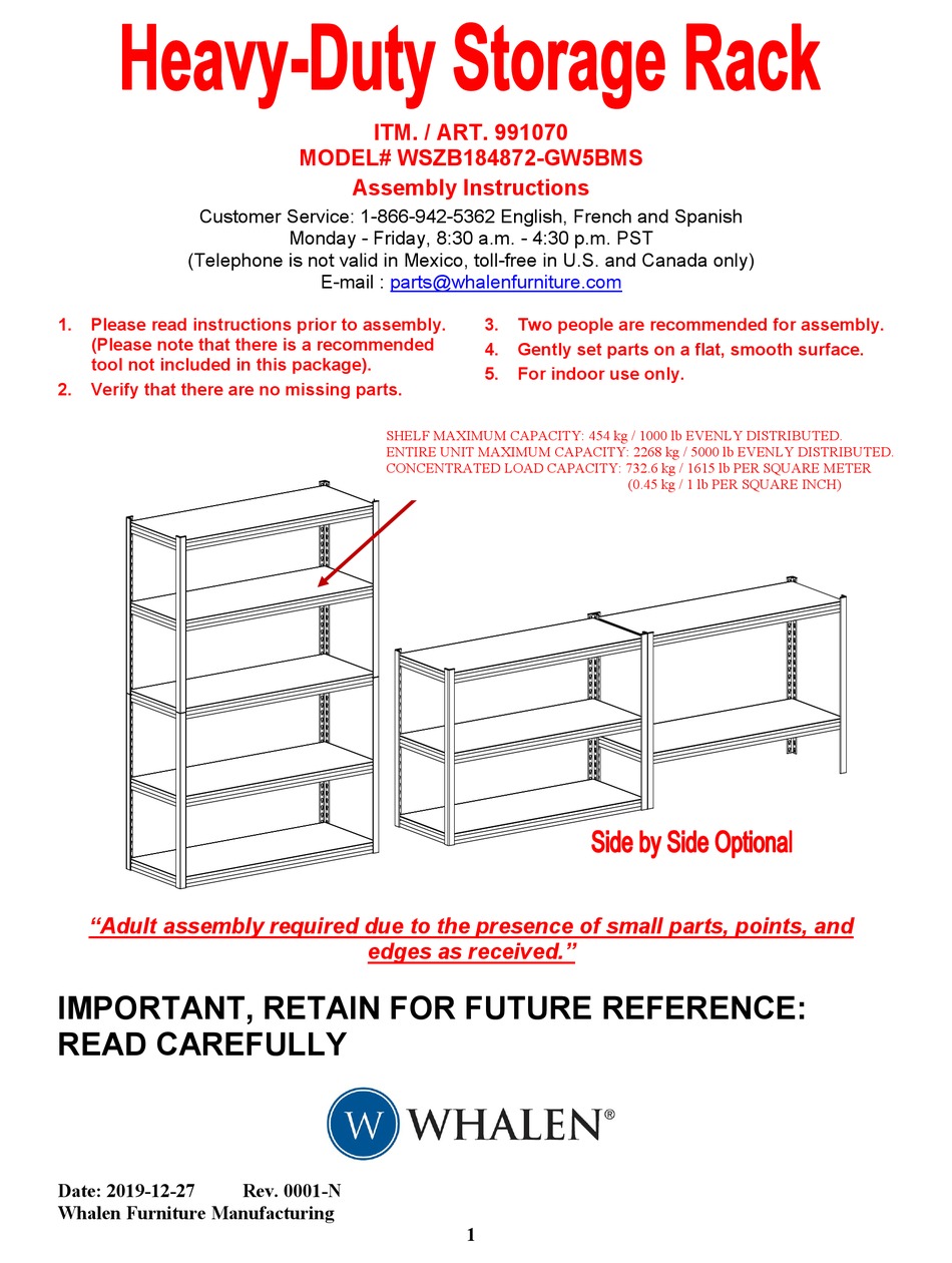 WHALEN WSZB184872GW5BMS ASSEMBLY INSTRUCTIONS MANUAL Pdf Download
