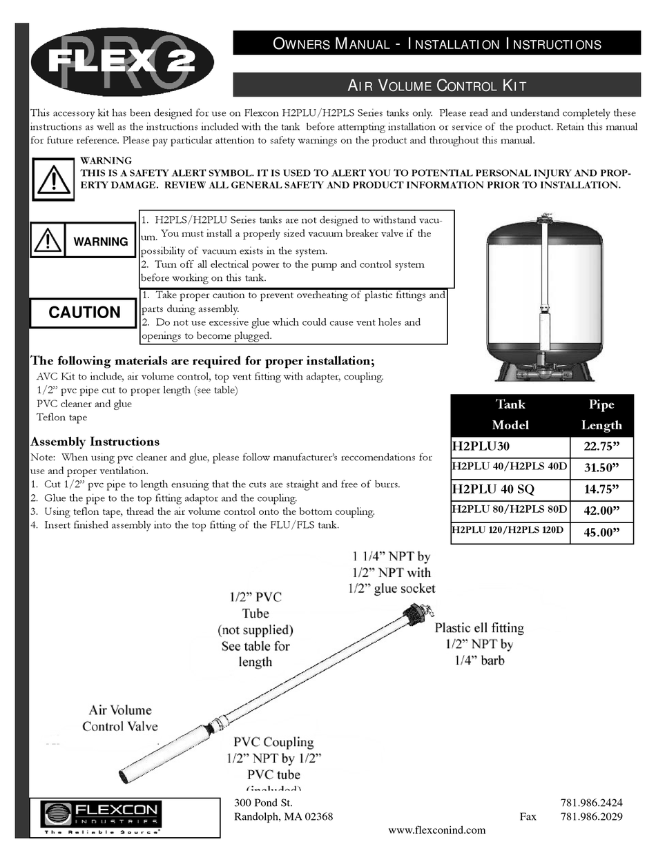 FLEXCON H2PLU SERIES OWNER'S MANUAL AND INSTALLATION INSTRUCTIONS Pdf ...