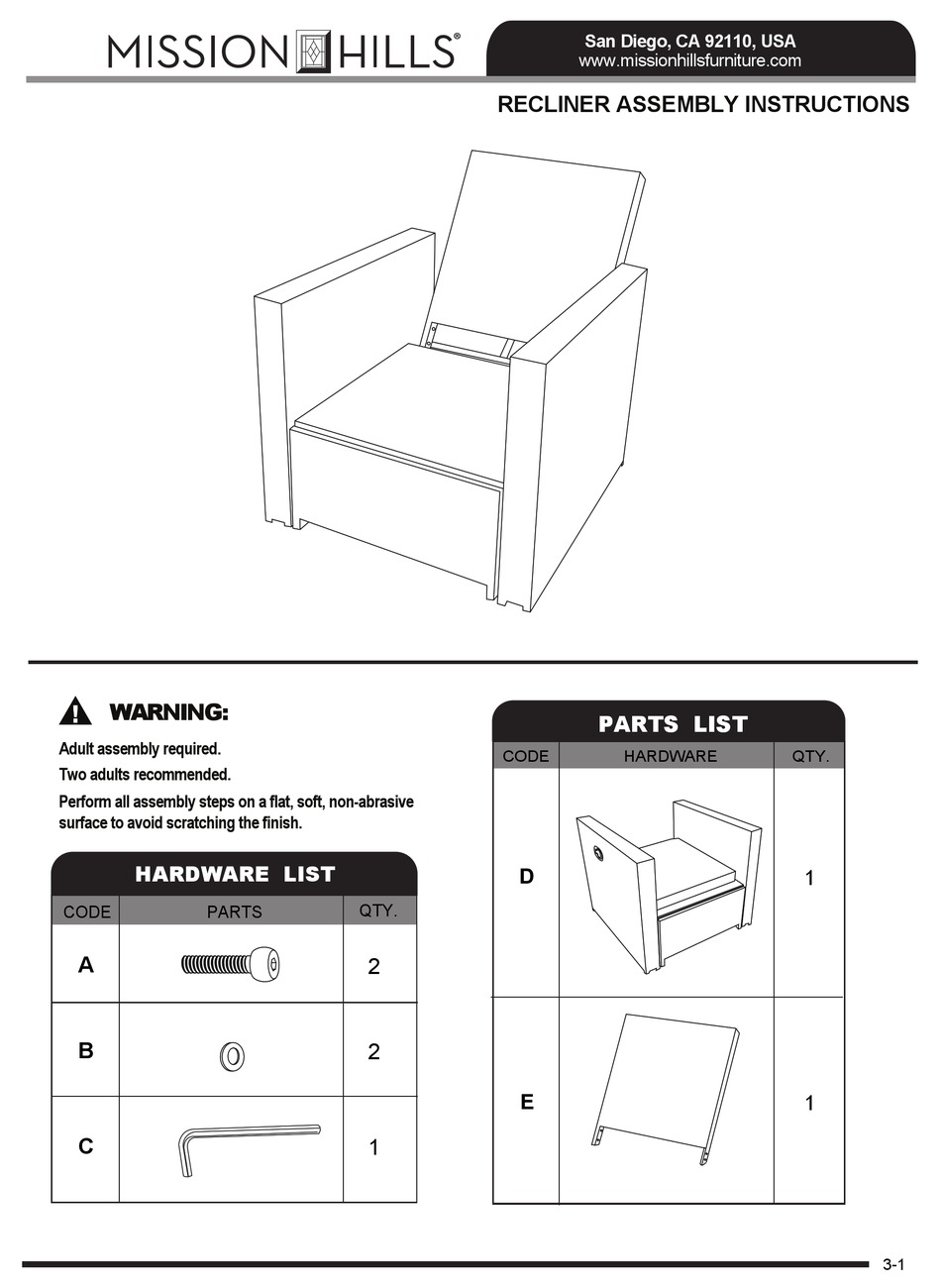 MISSION HILLS RECLINER ASSEMBLY INSTRUCTIONS Pdf Download ManualsLib